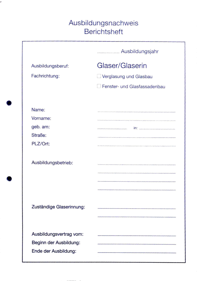 Ausbildungsnachweis Glaser - Ersatzblock